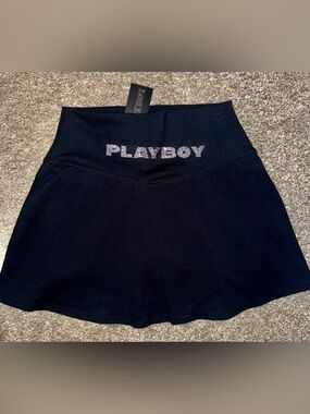 PLAYBOY Black Rhinestone Logo Tennis Skirt Skort